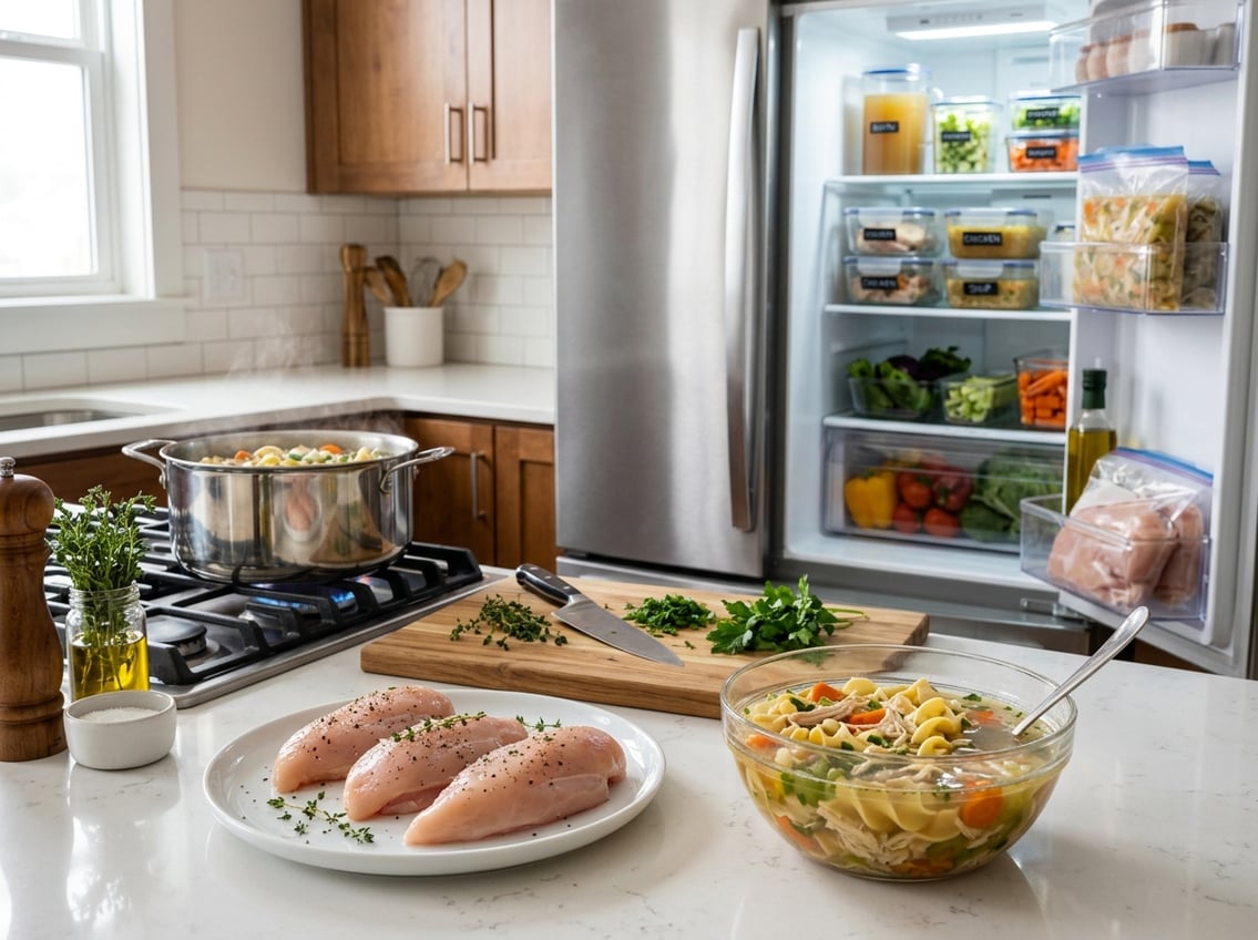 A kitchen countertop with raw chicken breasts on a plate next to a bowl of chicken noodle soup, kitchen tools, and an open refrigerator with food containers.
