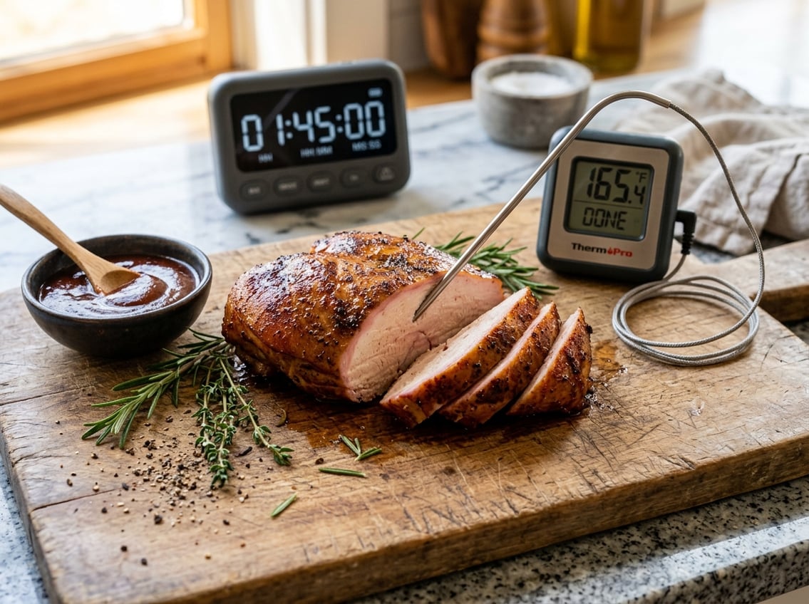 Smoked chicken breast on a cutting board with a meat thermometer, herbs, sauce, and a timer in the background.
