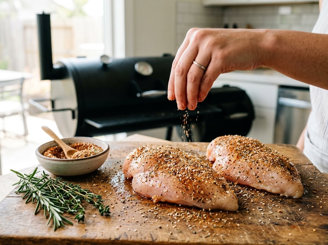 Close-up of raw chicken breasts on a cutting board being seasoned with herbs and spices, with a smoker visible in the background.