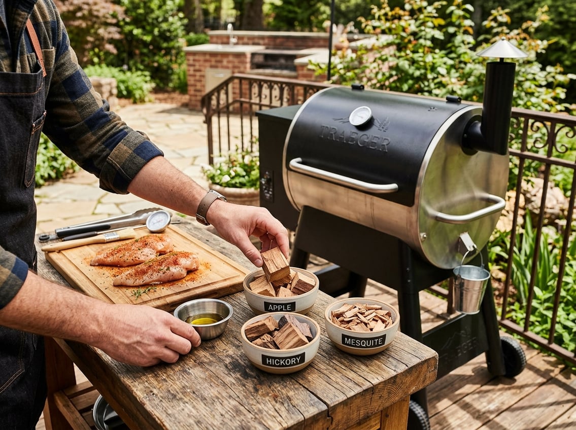 Outdoor barbecue setup with a smoker grill, different types of wood for smoking, and a raw chicken breast on a cutting board.