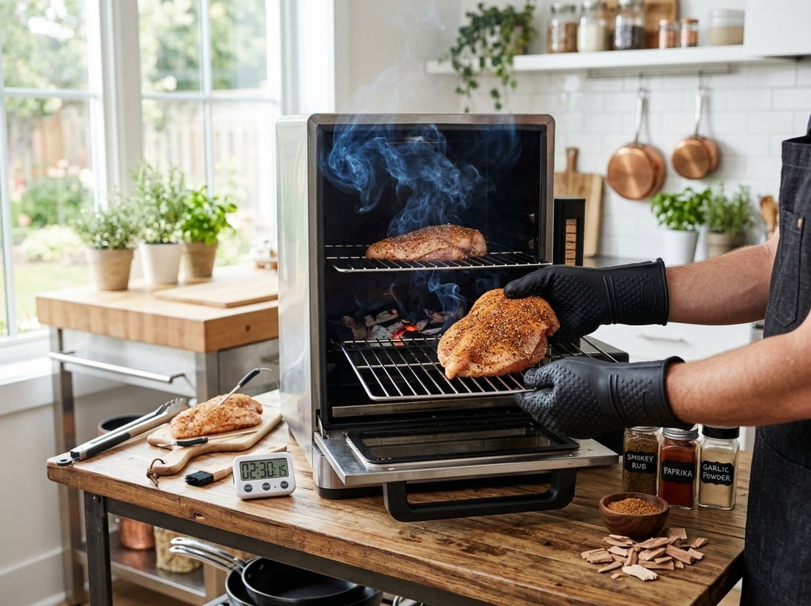 Hands placing a seasoned chicken breast onto a smoker grill with smoke rising in a modern kitchen.