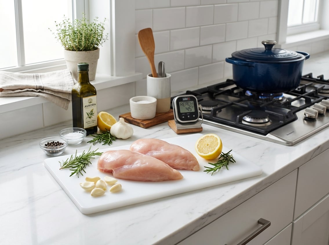 A raw chicken breast on a cutting board with fresh herbs and garlic in a bright kitchen with a pot on the stove and a digital thermometer nearby.