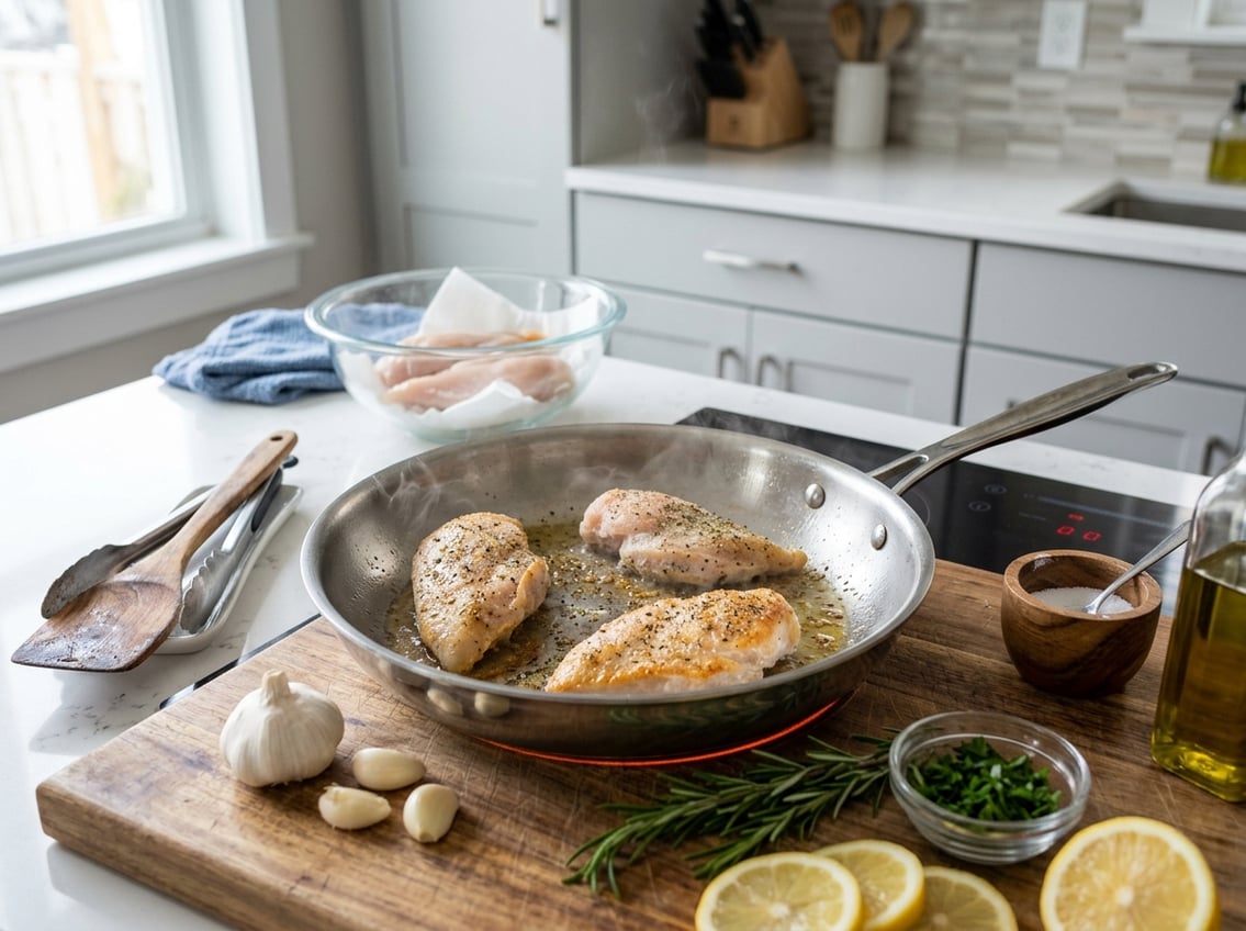 Close-up of frozen chicken breasts cooking in a frying pan on a stove with fresh ingredients and kitchen utensils nearby.