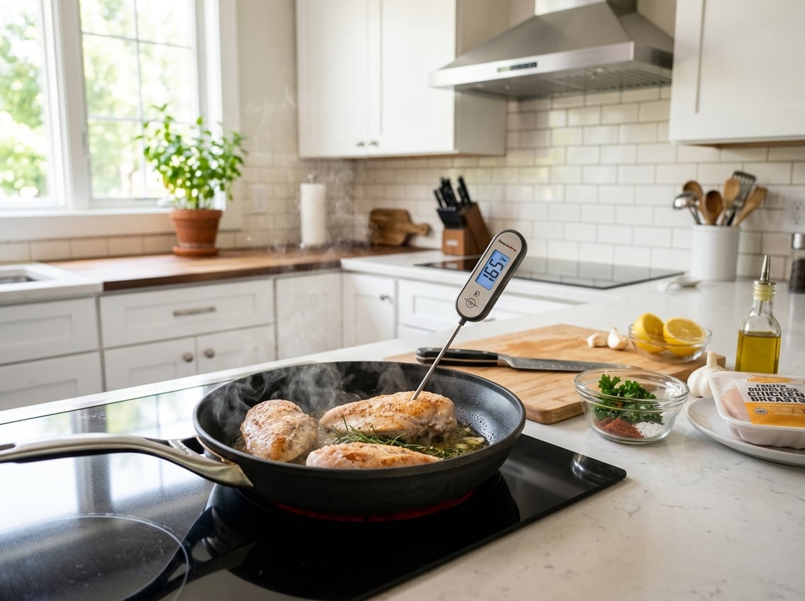 A kitchen stovetop with a skillet cooking frozen chicken breasts and a meat thermometer inserted to check temperature.