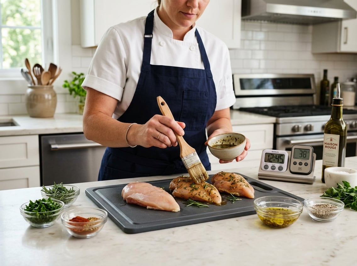 A kitchen countertop with raw chicken breasts being marinated, surrounded by bowls of seasonings and cooking tools.