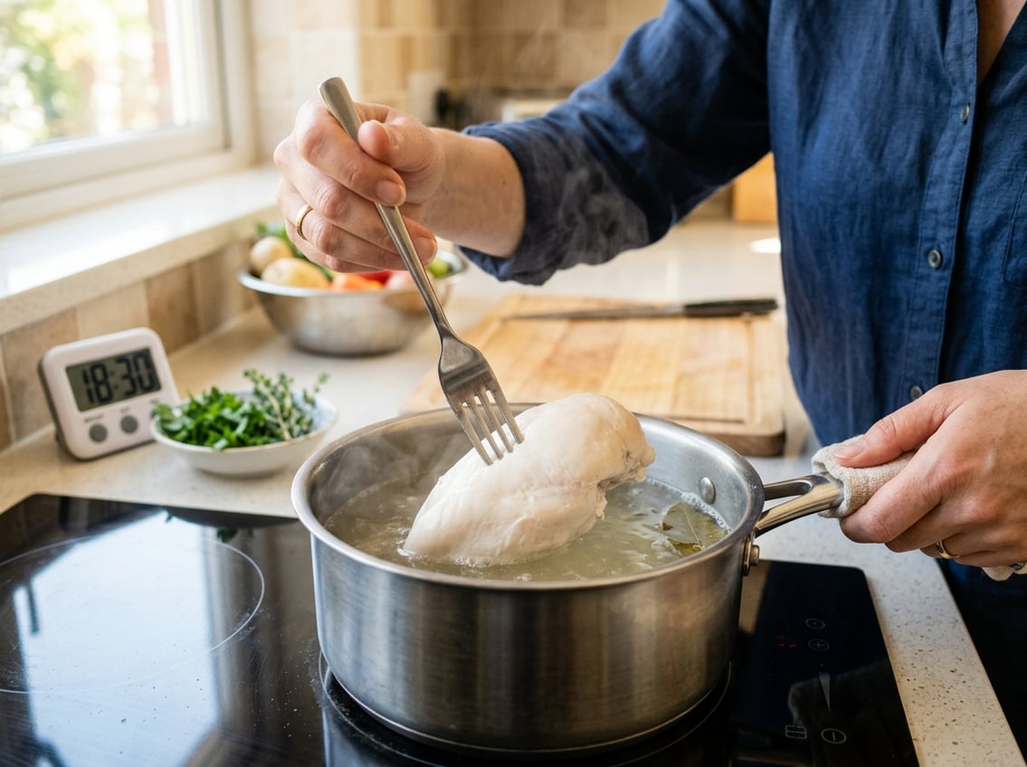 A person checking the doneness of a boiled chicken breast by piercing it with a fork in a pot of boiling water on a stove.