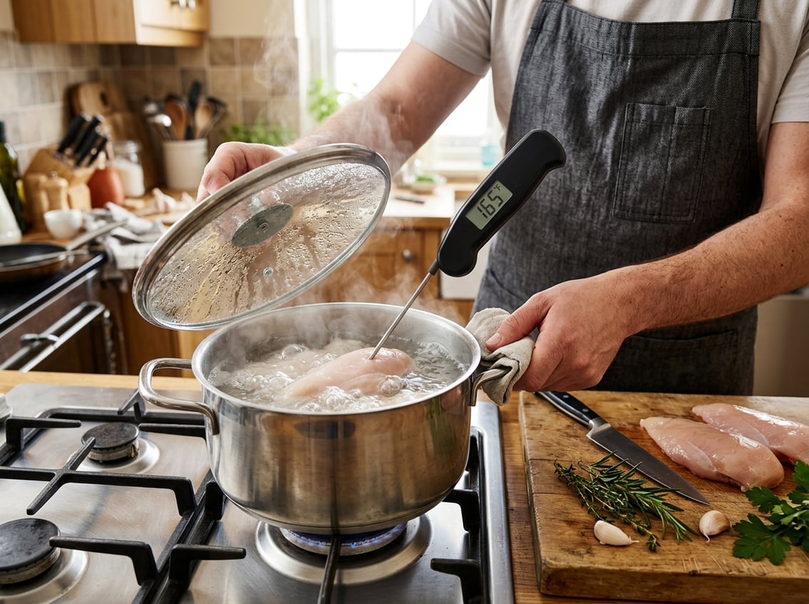 A person checking the temperature of chicken breasts boiling in a pot on the stove with fresh ingredients nearby.