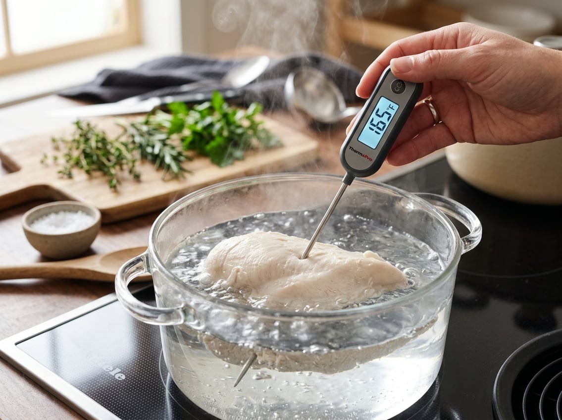 Close-up of a hand checking the temperature of a chicken breast boiling in a pot on a stove.