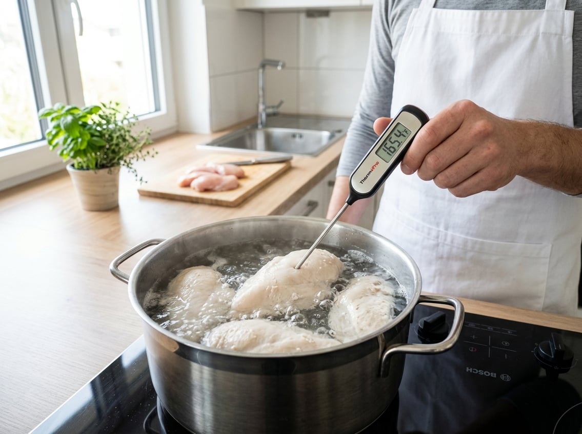Close-up of chicken breasts boiling in a pot on a stove with a person checking the temperature using a kitchen thermometer.