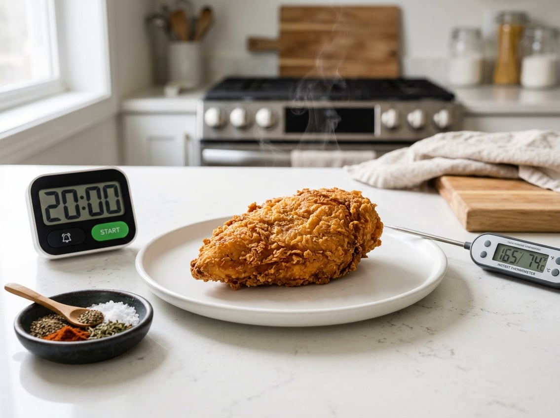Close-up of a golden-brown fried chicken breast on a white plate with a kitchen timer, cooking thermometer, and spices on a countertop.