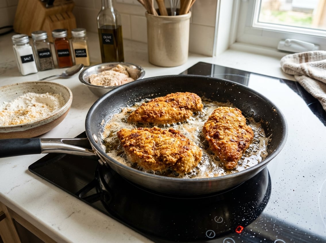 Close-up of chicken breasts frying in a pan with cooking ingredients on a kitchen countertop.