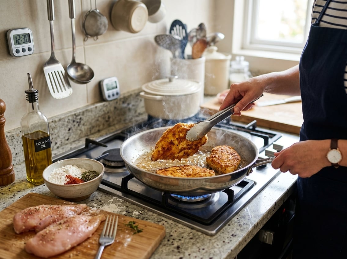 Close-up of chicken breasts frying in a pan on a stove with fresh ingredients and cooking utensils nearby.