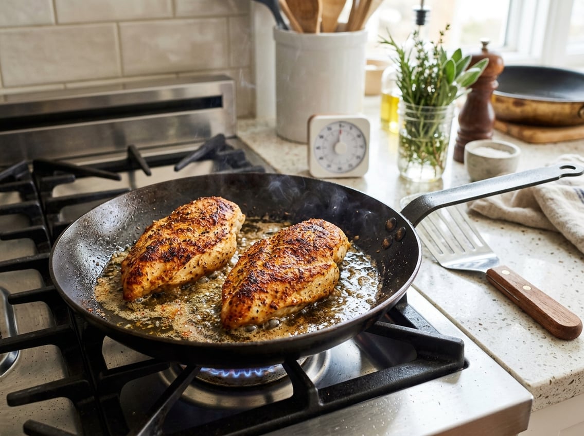 Close-up of chicken breasts frying in a pan on a stovetop with kitchen utensils nearby.