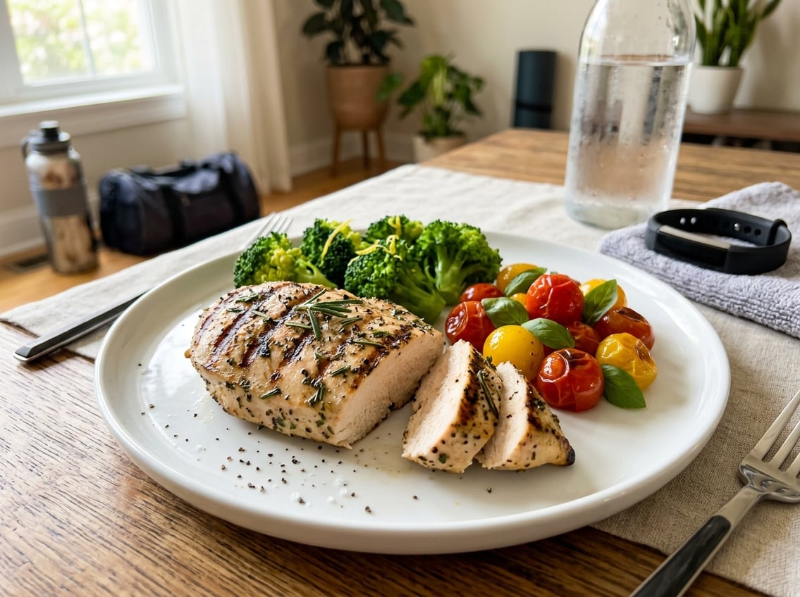 A plate with grilled chicken breast and fresh vegetables on a table with a water bottle and fitness accessories nearby.