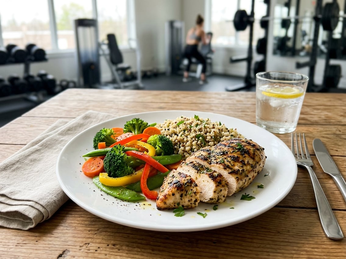 A plate with grilled chicken breast, steamed vegetables, and quinoa on a wooden table with gym equipment blurred in the background.