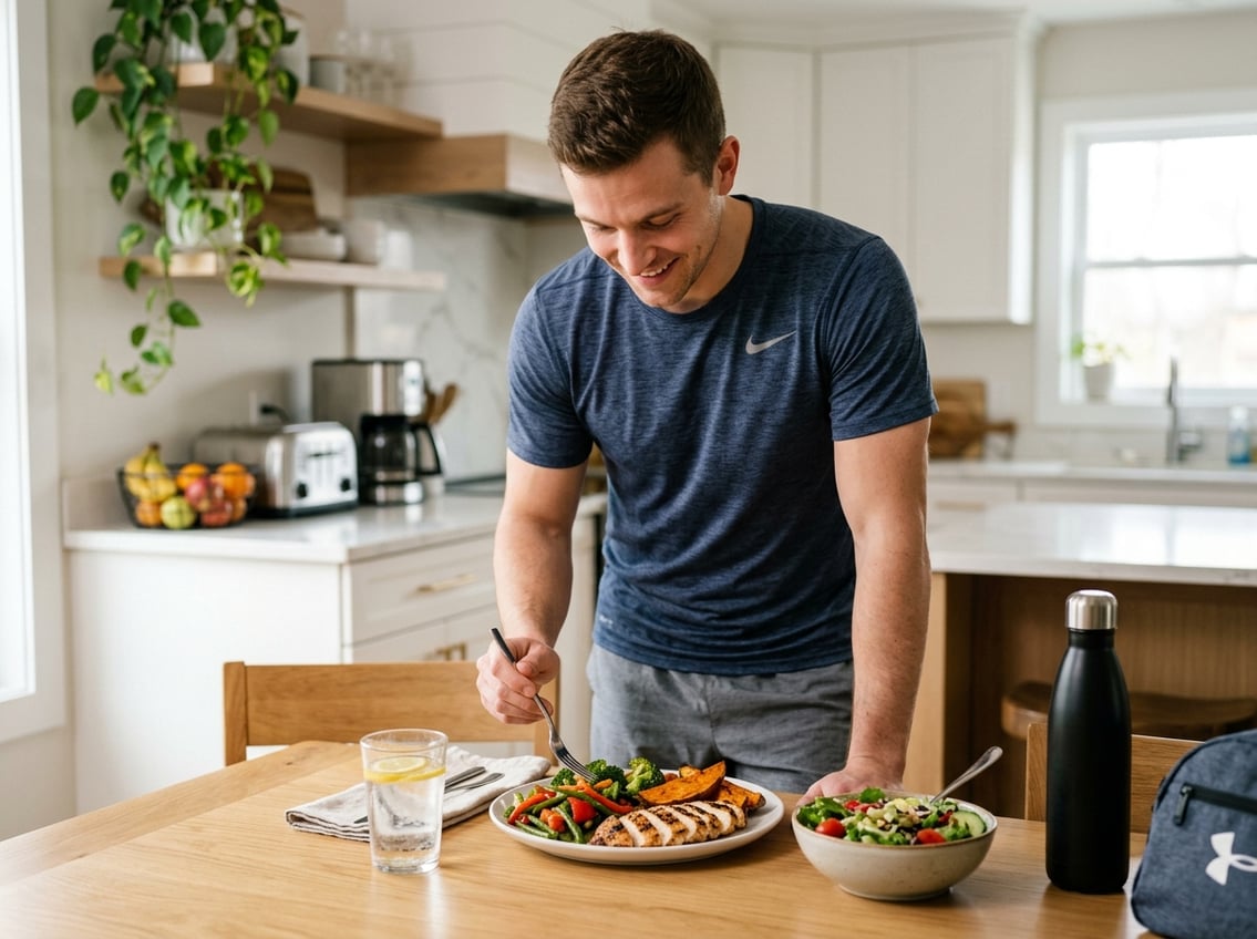 A person in athletic wear eating a meal with grilled chicken breast, vegetables, and whole grains at a table in a bright kitchen.