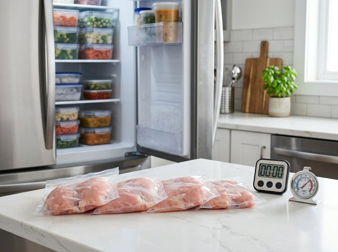 Raw chicken breasts in vacuum-sealed bags on a kitchen countertop next to a digital timer and freezer thermometer, with a freezer door open in the background showing frozen food containers.