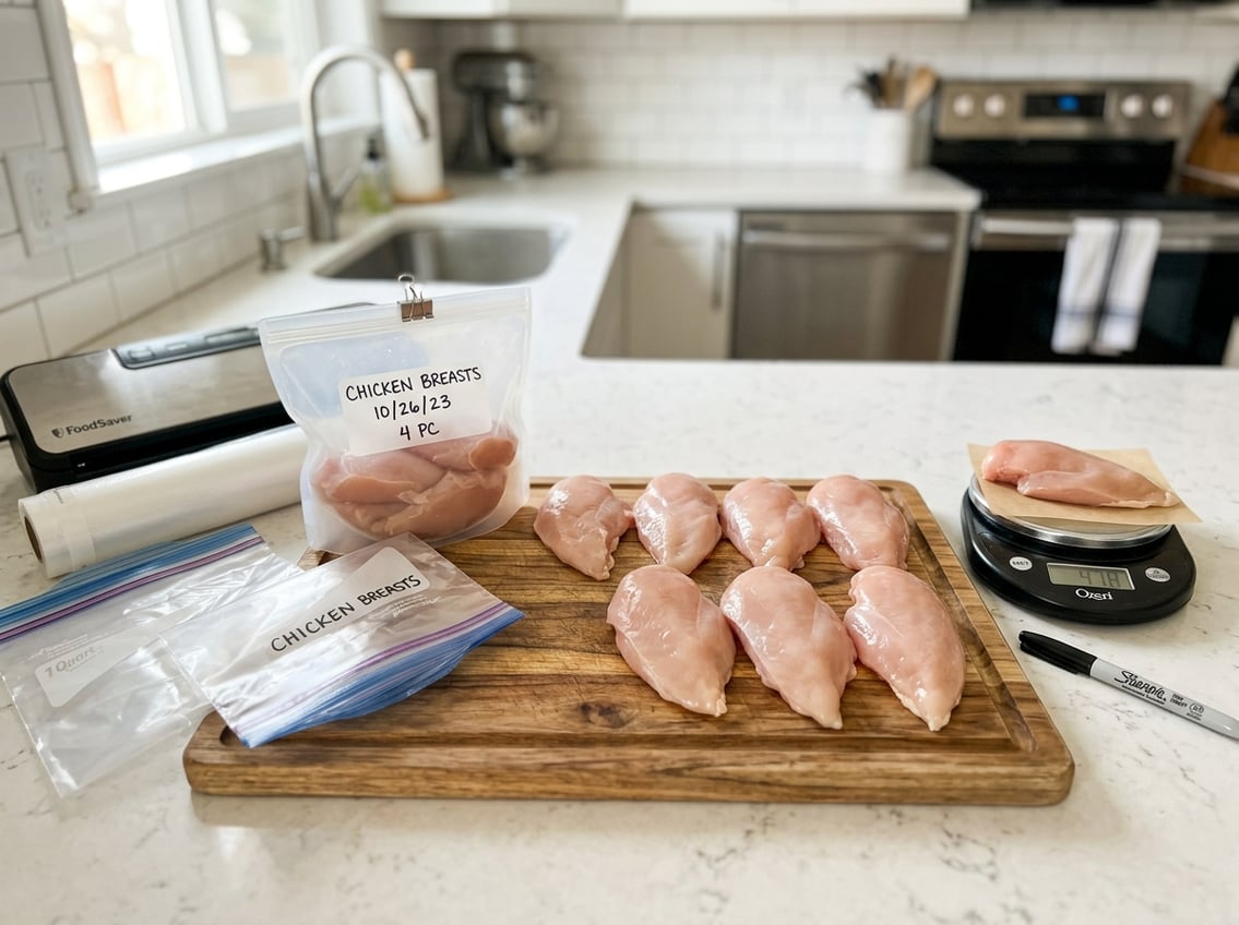 Raw chicken breasts on a cutting board with vacuum-seal bags and kitchen tools for freezing preparation on a clean countertop.