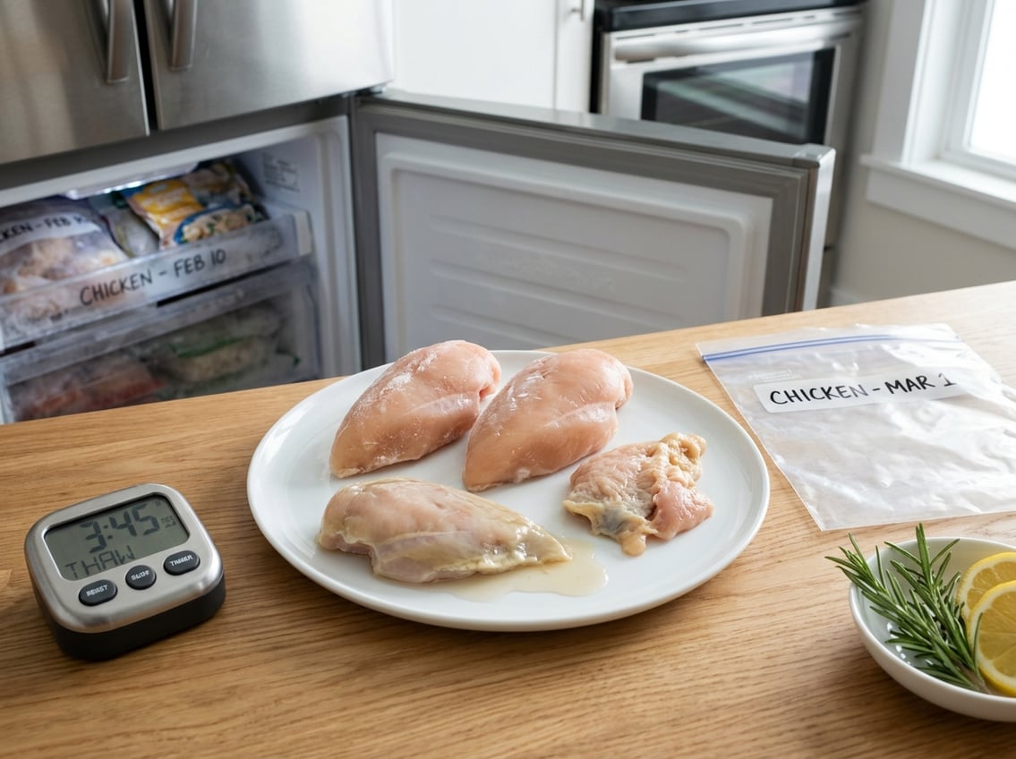 Raw chicken breasts on a plate next to a freezer and kitchen timer on a countertop in a clean kitchen.