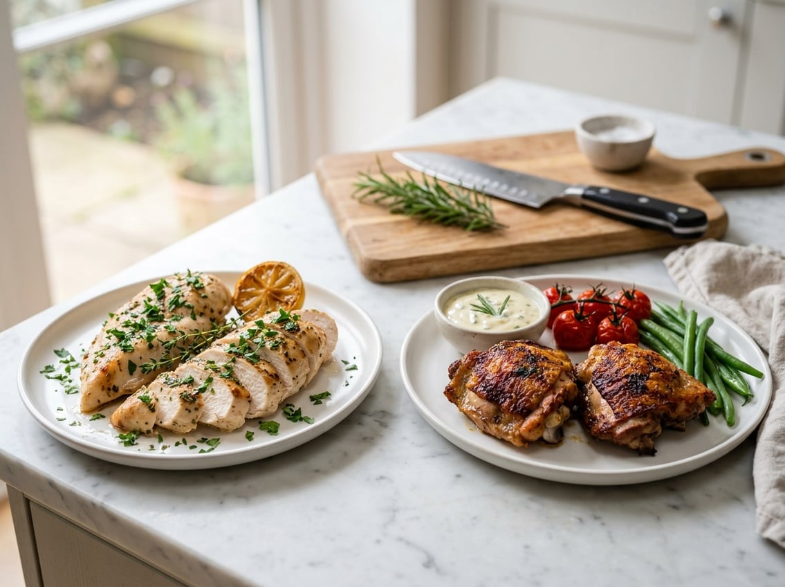 Two plates on a kitchen countertop, one with cooked chicken breasts and the other with cooked chicken thighs, each garnished with fresh herbs and vegetables.
