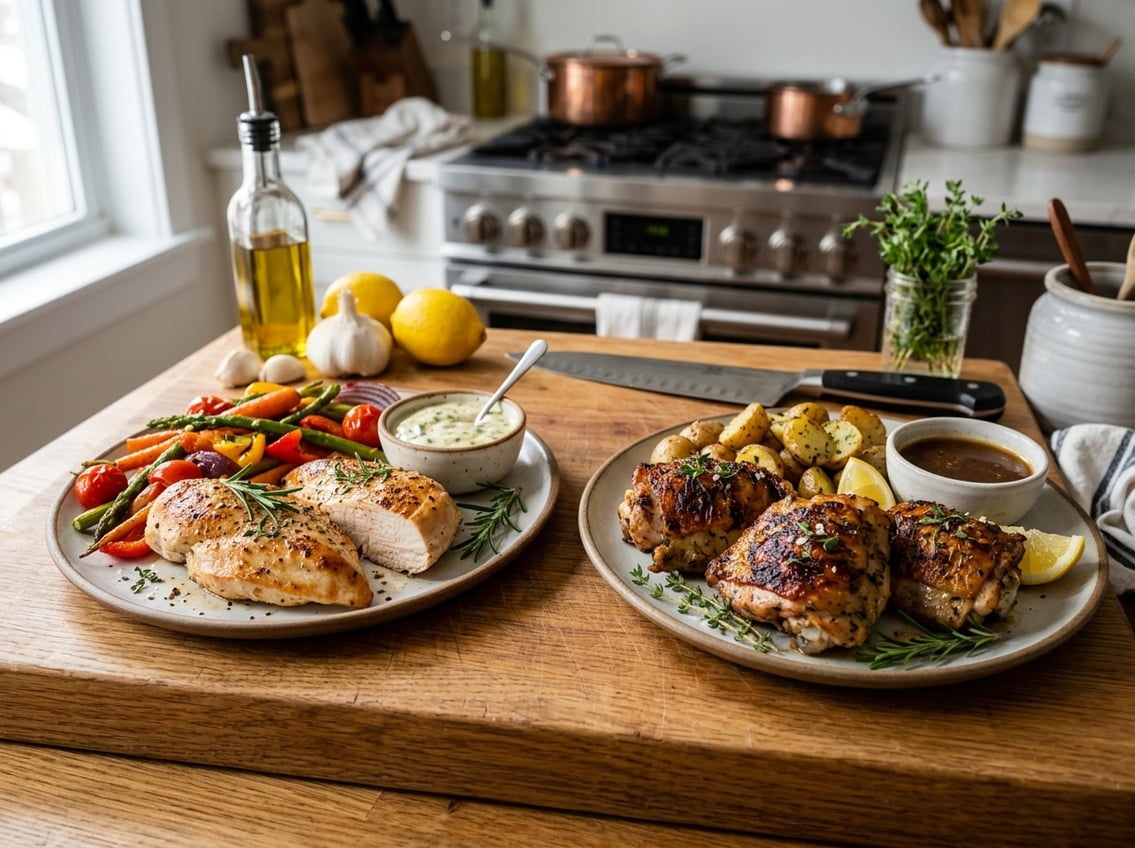 Two plates of cooked chicken breast and chicken thighs with herbs and vegetables on a wooden cutting board in a kitchen setting.