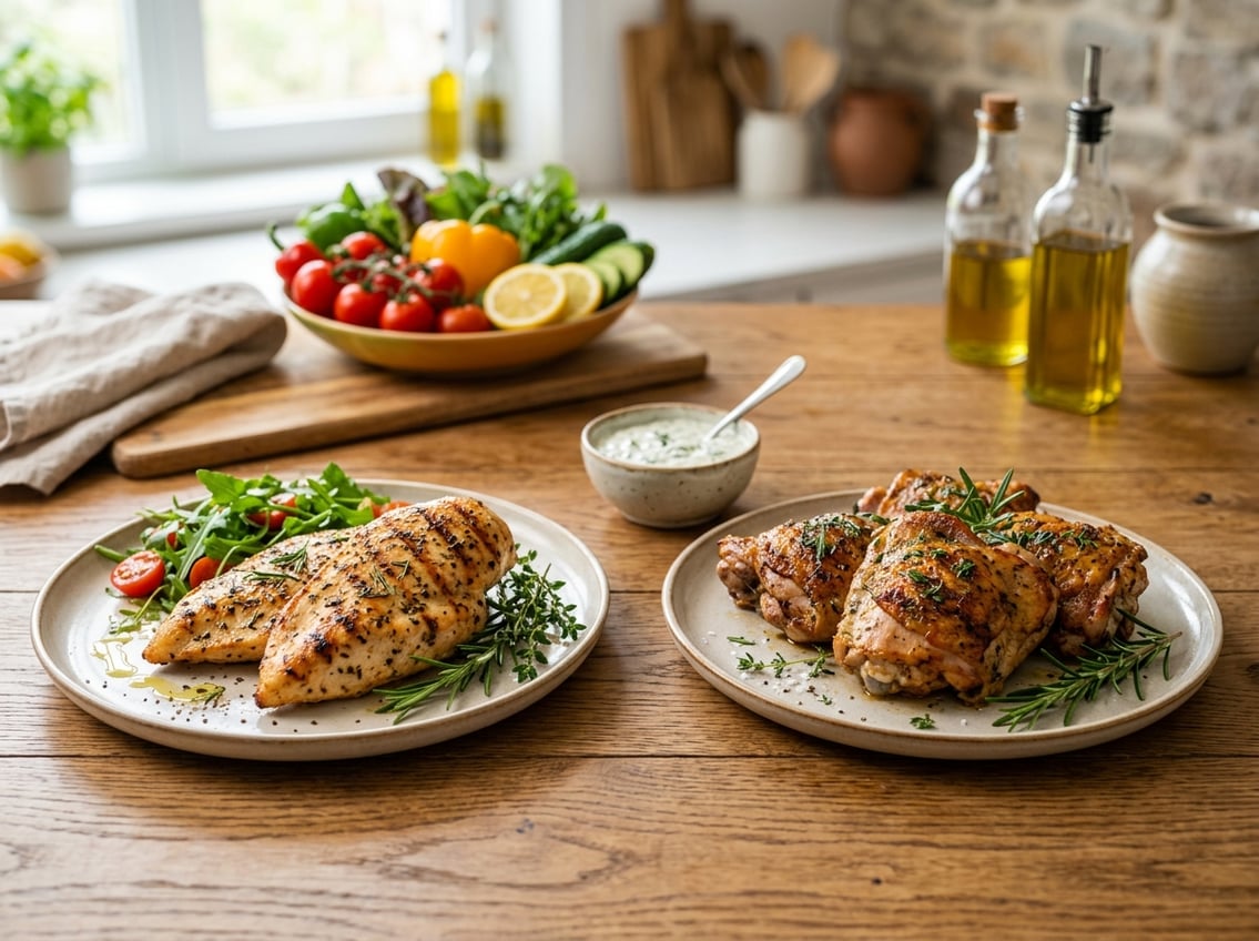 Two plates on a wooden table showing cooked chicken breasts on one and chicken thighs on the other, surrounded by fresh herbs and vegetables in a kitchen setting.