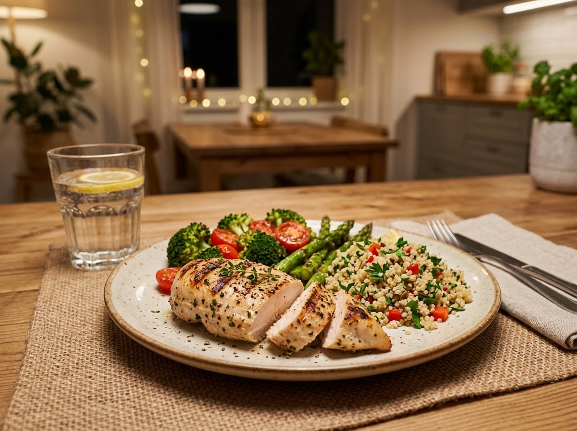 A plate with cooked chicken breast and vegetables on a table in a softly lit kitchen at night.