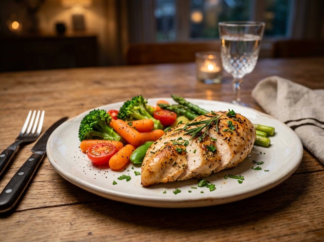 A cooked chicken breast with steamed vegetables on a plate set on a dining table.