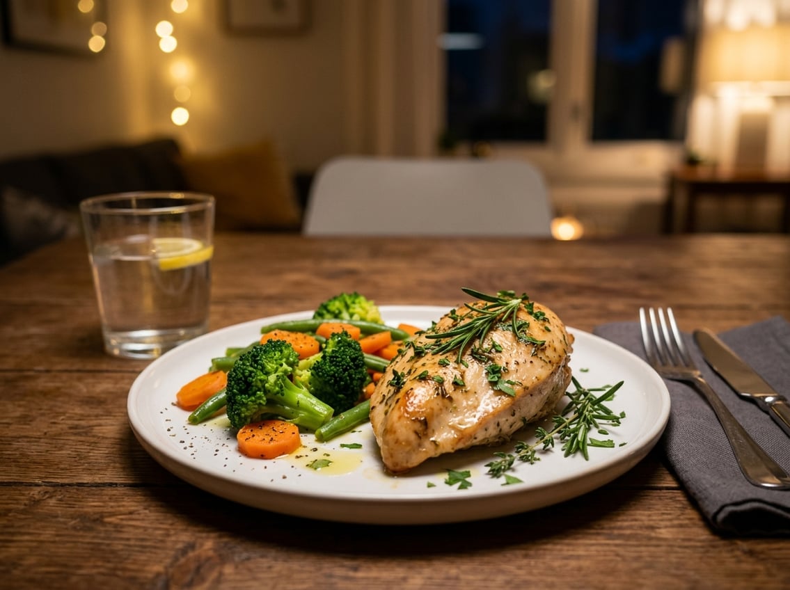 A plate with cooked chicken breast and steamed vegetables on a dining table with soft evening lighting.