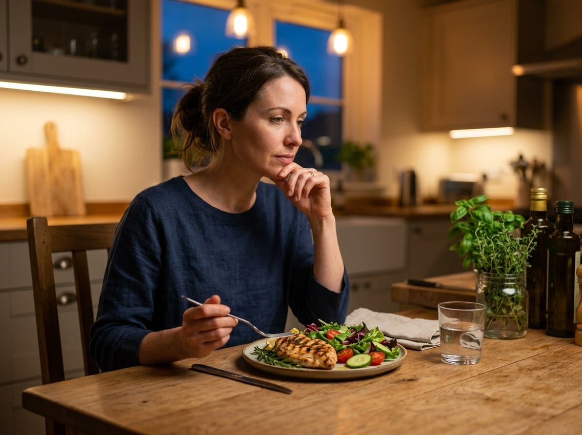 A person sitting at a kitchen table with a plate of grilled chicken breast and salad, looking thoughtfully at the meal in the evening light.