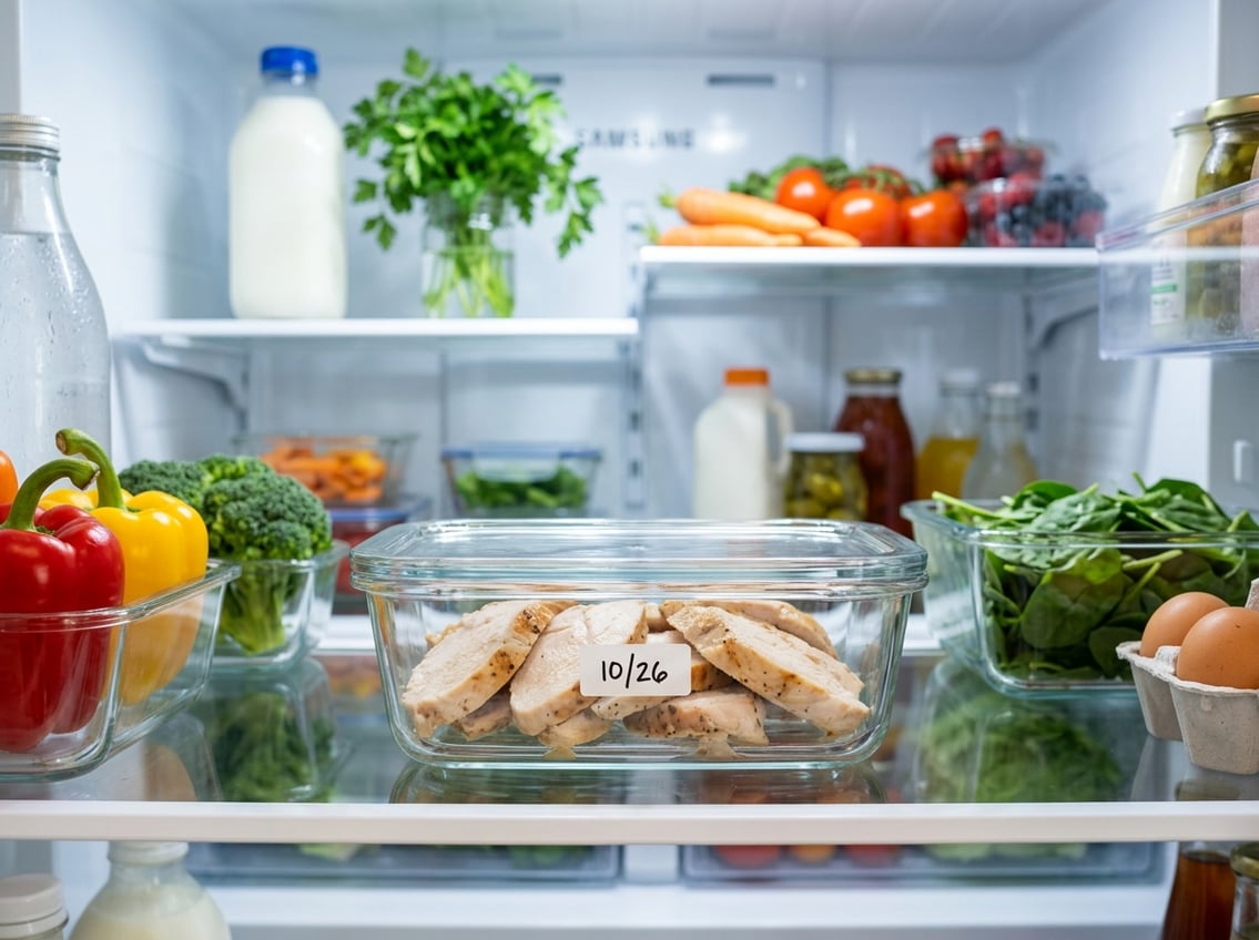 Open refrigerator shelf with a clear container holding cooked chicken breast surrounded by fresh vegetables and fruits.