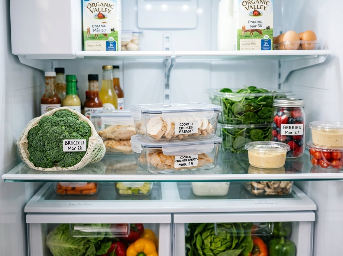 Cooked chicken breasts stored in clear containers inside a clean, organized refrigerator.