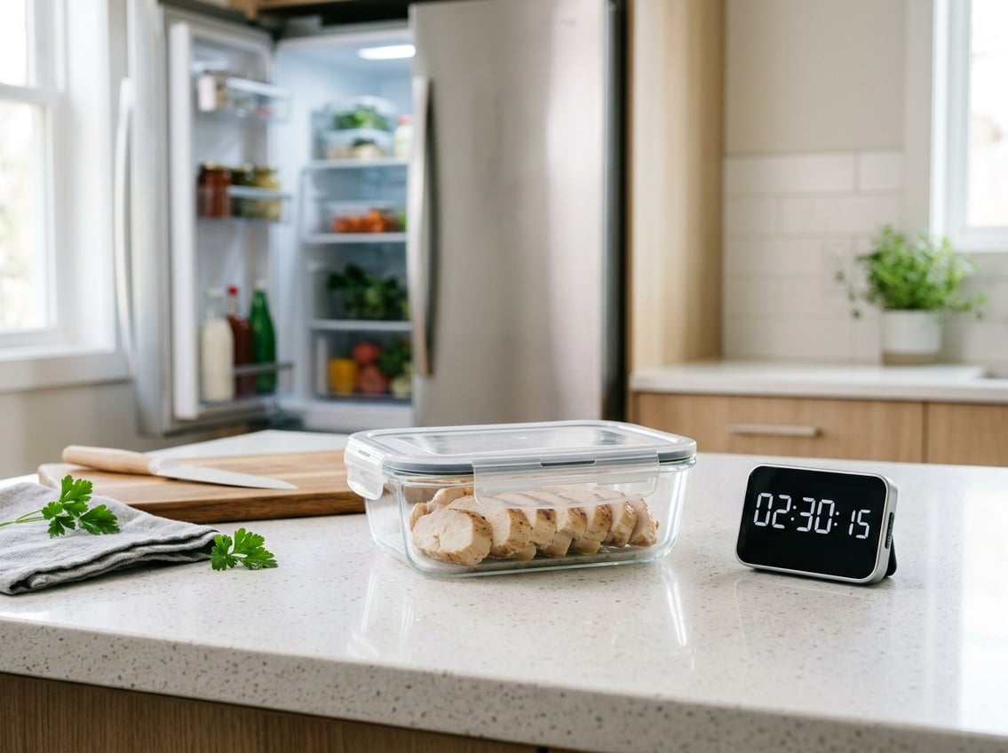 A glass container with cooked chicken breast on a kitchen countertop next to a digital timer, with an open refrigerator in the background.