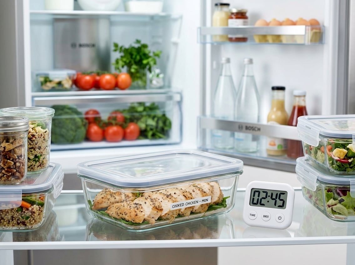 A glass container with cooked chicken breasts inside a refrigerator, with a kitchen timer nearby, showing food storage for later use.