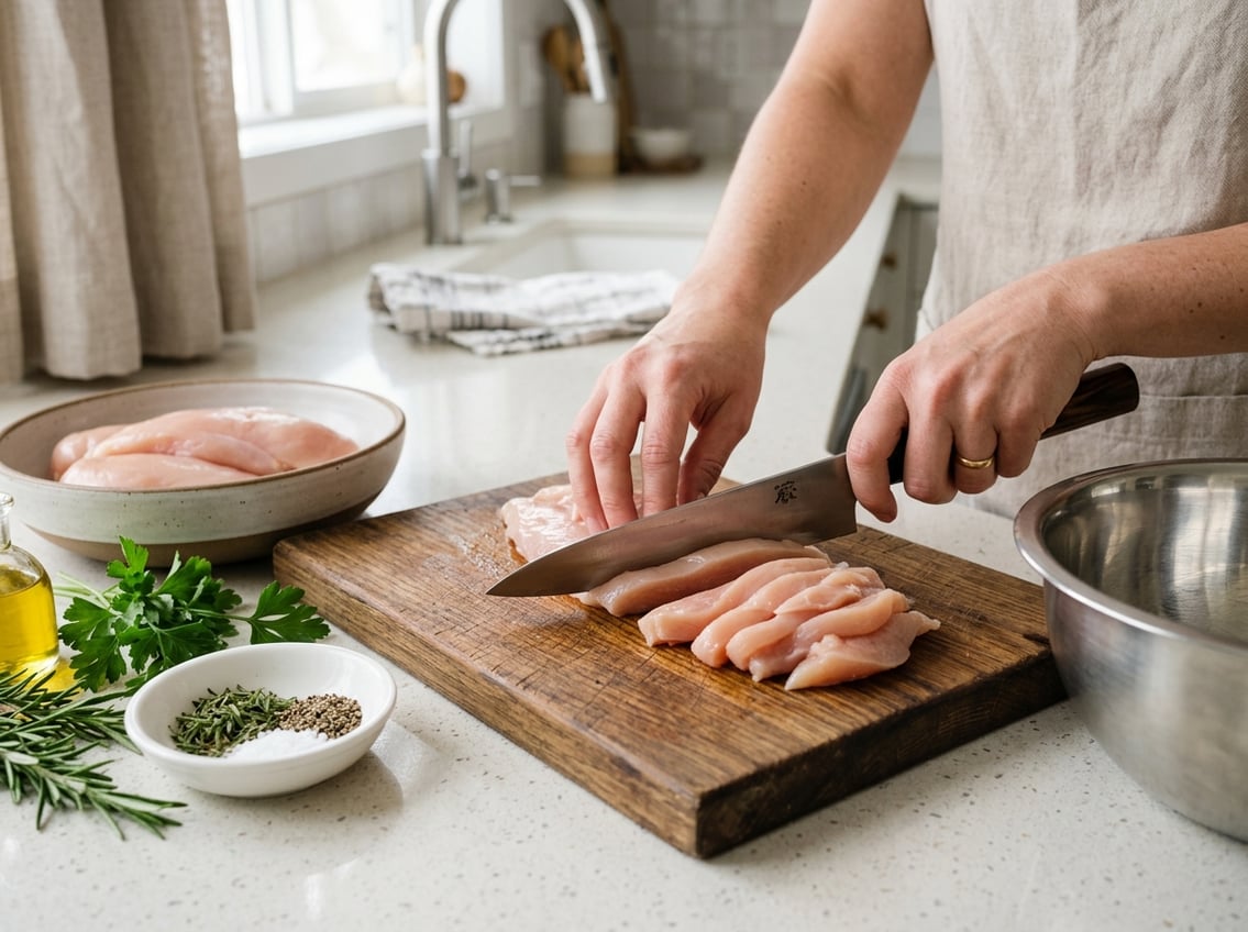 Hands slicing raw chicken breast on a wooden cutting board in a kitchen with fresh herbs nearby.