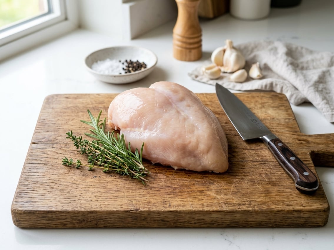 A whole raw chicken breast on a wooden cutting board with herbs and a knife nearby in a kitchen.