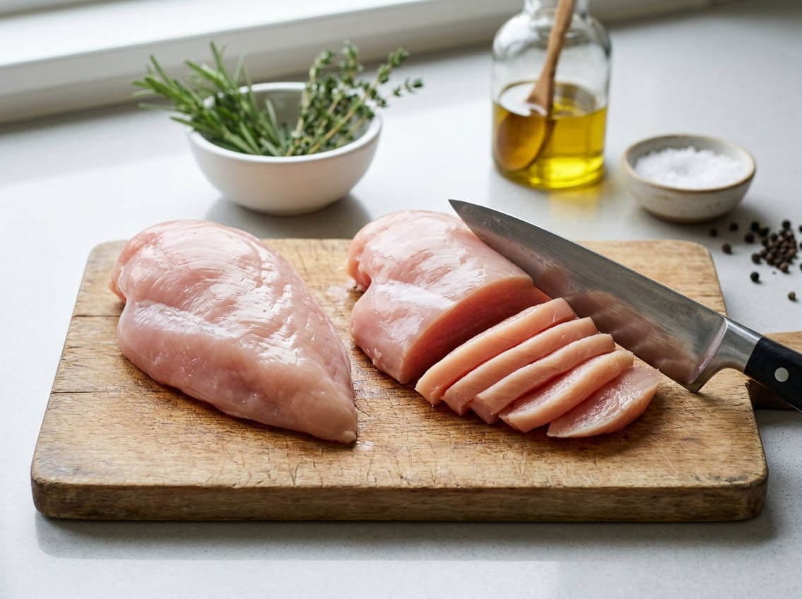 Close-up of raw chicken breasts on a kitchen countertop, one whole and one partially sliced, with a knife and fresh herbs nearby.