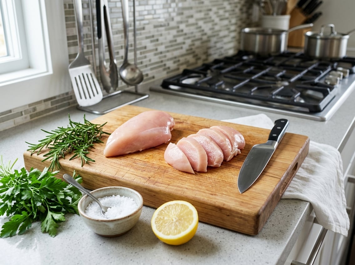 Fresh chicken breasts on a cutting board, one partially sliced with a knife, surrounded by herbs and cooking ingredients in a kitchen.