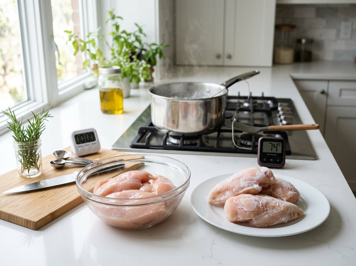 A kitchen countertop with raw and frozen chicken breasts, a boiling pot on the stove, and kitchen utensils arranged neatly.