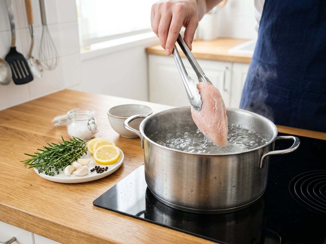 A kitchen scene showing a frozen chicken breast being placed into a pot of boiling water with fresh herbs and lemon on the countertop.