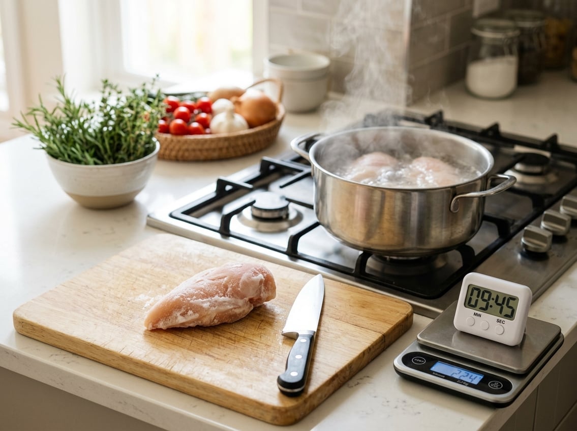 A kitchen scene showing frozen chicken breast on a cutting board next to a pot of boiling water on the stove.
