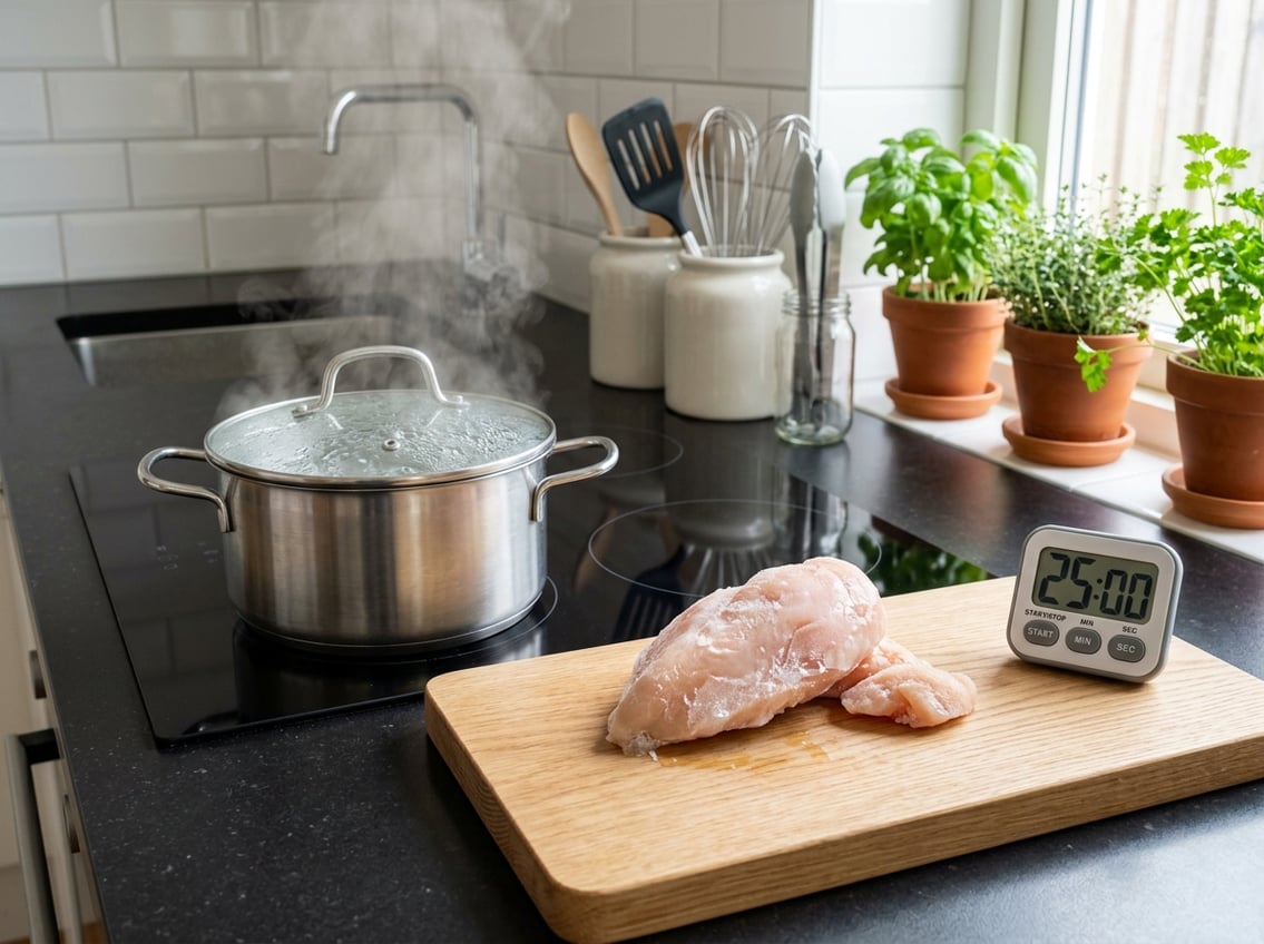 A kitchen countertop with a pot of boiling water on the stove, a partially thawed frozen chicken breast on a cutting board, and kitchen utensils nearby.