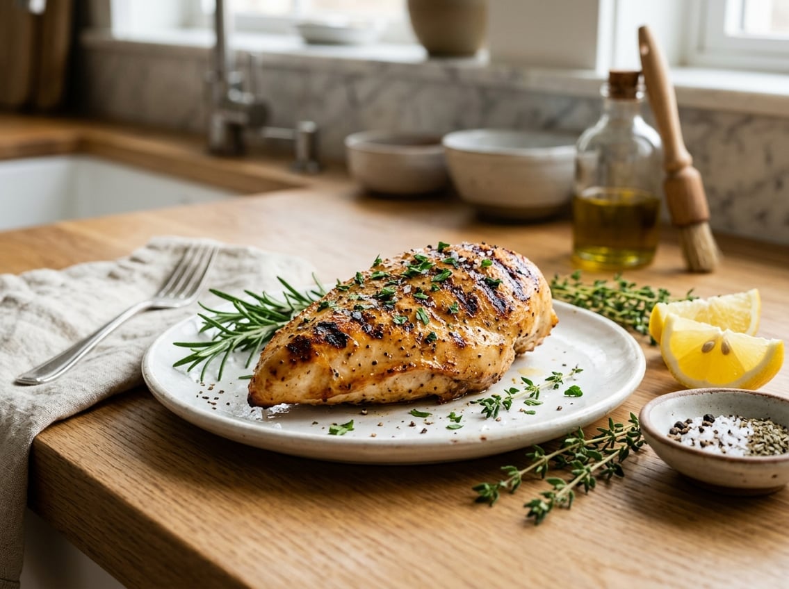 A cooked chicken breast on a white plate garnished with herbs and lemon slices on a kitchen countertop.