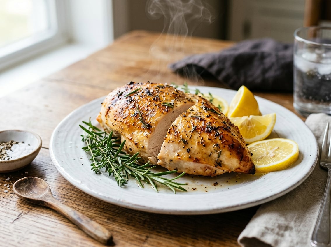 A baked chicken breast on a plate garnished with herbs and lemon slices on a wooden table.