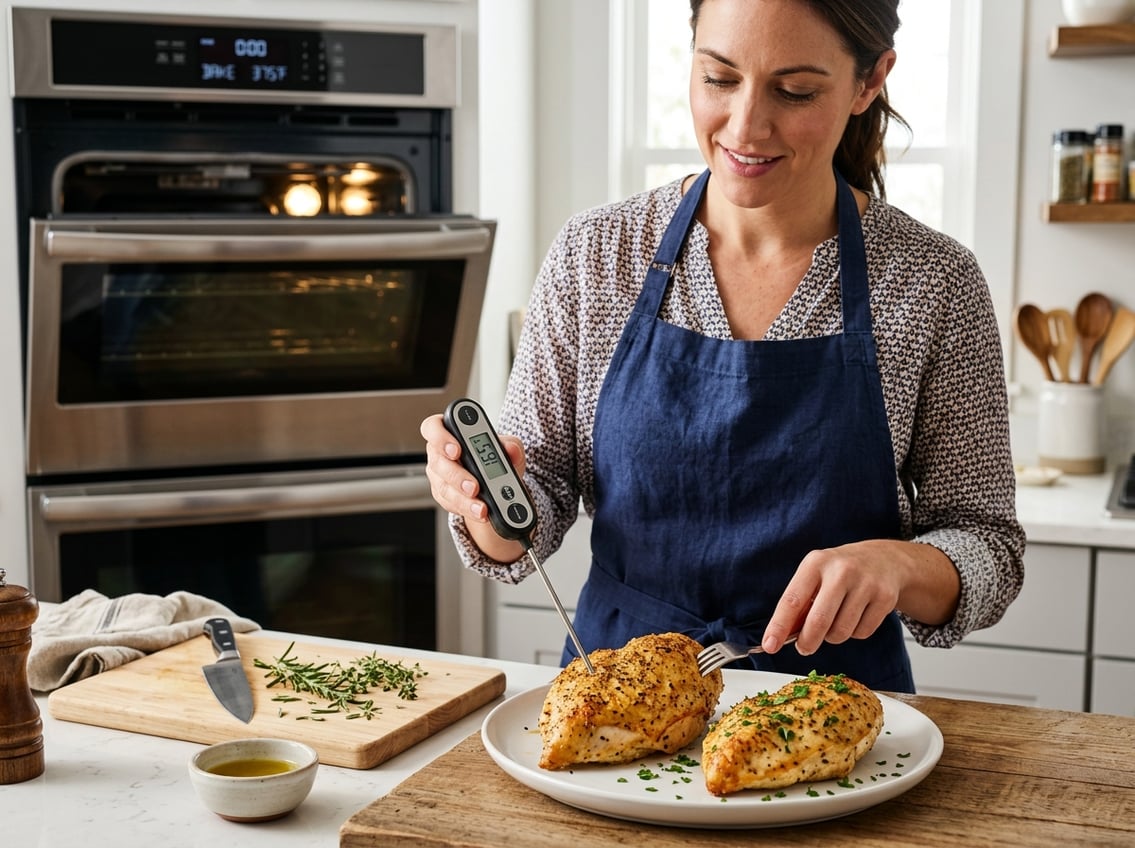 A person checking the doneness of a baked chicken breast with a meat thermometer in a kitchen.