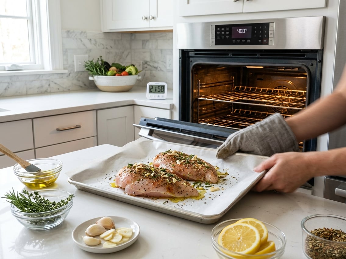A kitchen scene showing a seasoned raw chicken breast on a baking tray with fresh herbs and ingredients nearby, ready to be baked.