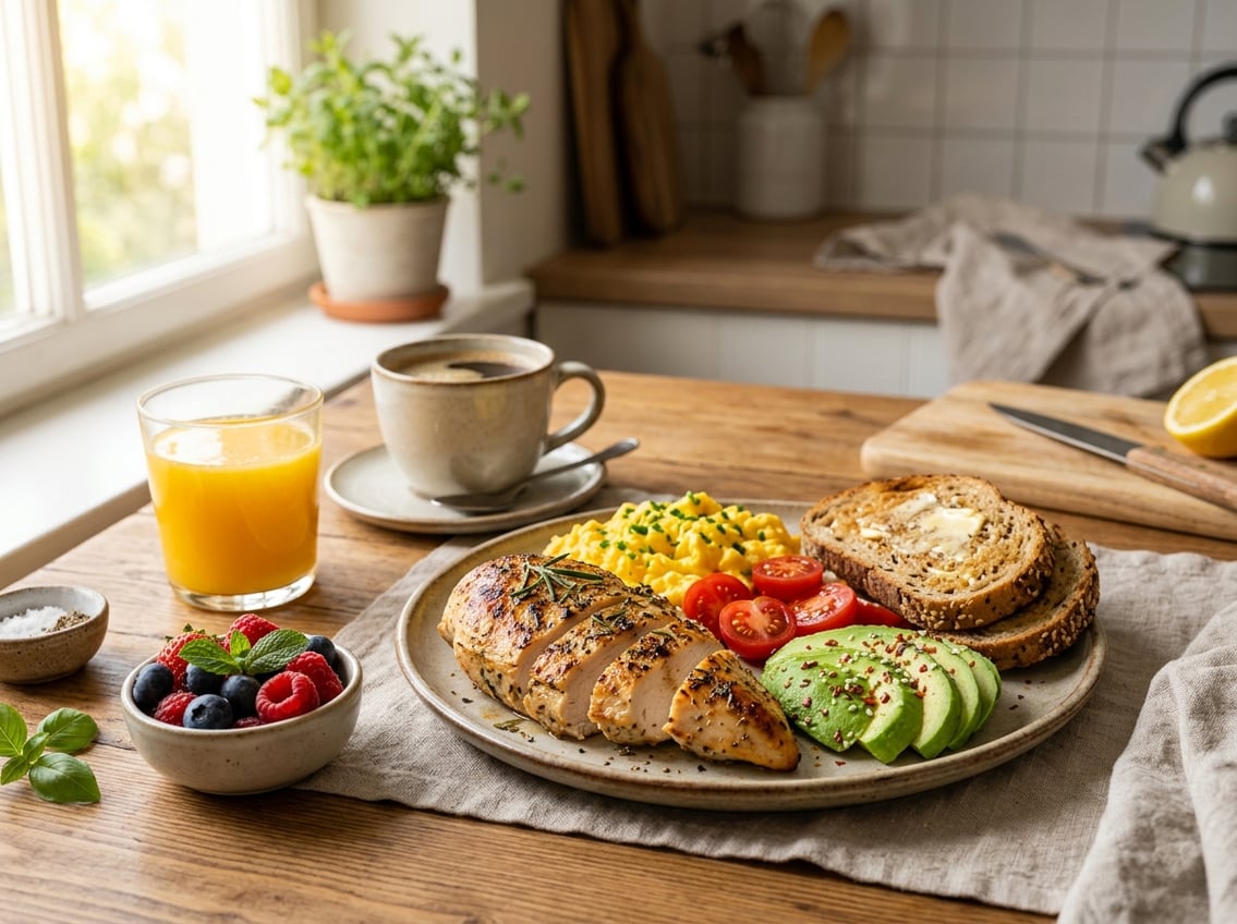 A breakfast plate with cooked chicken breast, avocado slices, cherry tomatoes, and toast on a wooden table with a glass of orange juice and a cup of coffee in a sunlit kitchen.