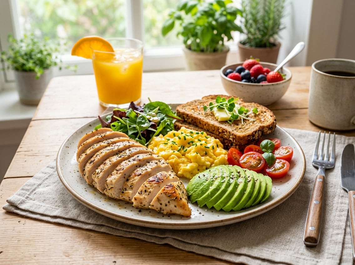 A breakfast plate with sliced grilled chicken breast, scrambled eggs, avocado, cherry tomatoes, toast, and mixed greens on a table with natural morning light.