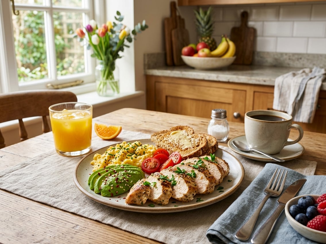 A breakfast table with a plate of sliced chicken breast, scrambled eggs, avocado, tomatoes, toast, a glass of orange juice, and a cup of coffee.