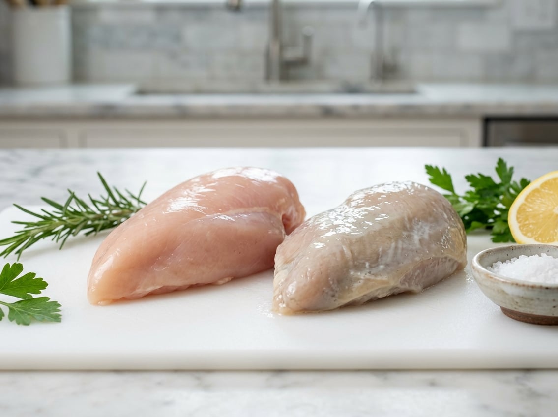 Close-up of raw chicken breasts on a cutting board, showing one fresh and one with a slimy texture, surrounded by herbs and a lemon wedge.